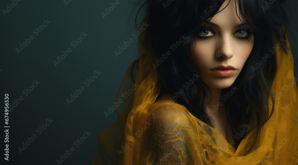 Dark, dramatic studio portrait of a woman wearing a yellow dress and head scarf. Mysterious and alluring. Dark, dramatic studio portrait of a woman wearing a yellow dress and head scarf. Mysterious and alluring.