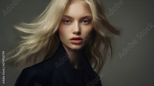A stunningly beautiful female high fashion model with blond hair, a perfect complexion and wearing a black shirt. Hair and skin care.