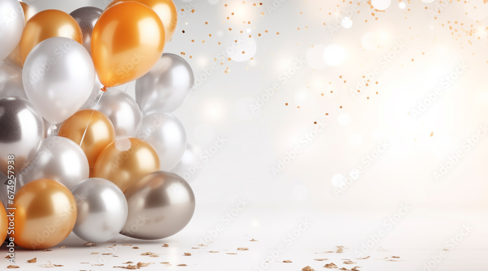 Happy birthday. Air balloons, Foil balloons, Birthday balloon, glitter confetti elements. Birthday card. gold, silver. copyspace Happy birthday. Air balloons, Foil balloons, Birthday balloon, glitter confetti elements. Birthday card. gold, silver. copyspace