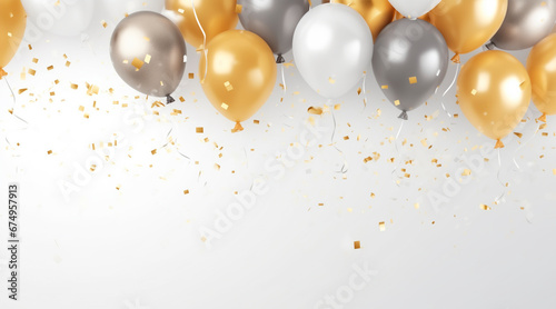 Happy birthday. Air balloons, Foil balloons, Birthday balloon, glitter confetti elements. Birthday card. gold, silver. copyspace photo