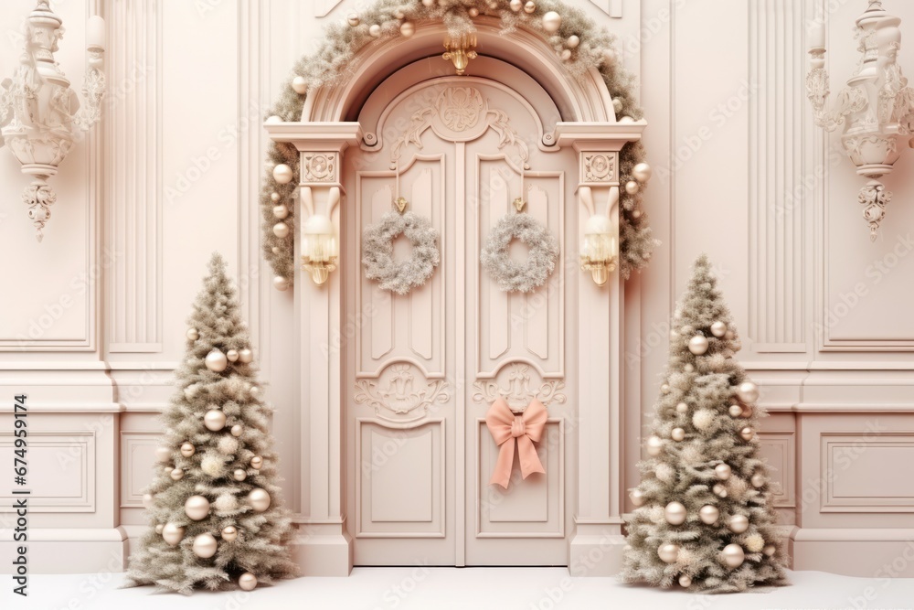 Festive Entrance Featuring a Decorated Christmas Door on White. Christmas decor close up details isolated on white background