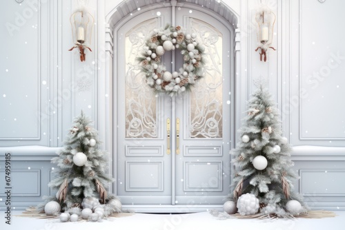 Festive Entrance Featuring a Decorated Christmas Door on White. Christmas decor close up details isolated on white background © aboutmomentsimages