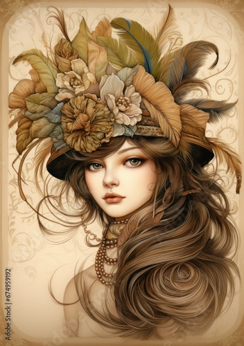 Vintage portrait of attractive woman wearing hat with feathers