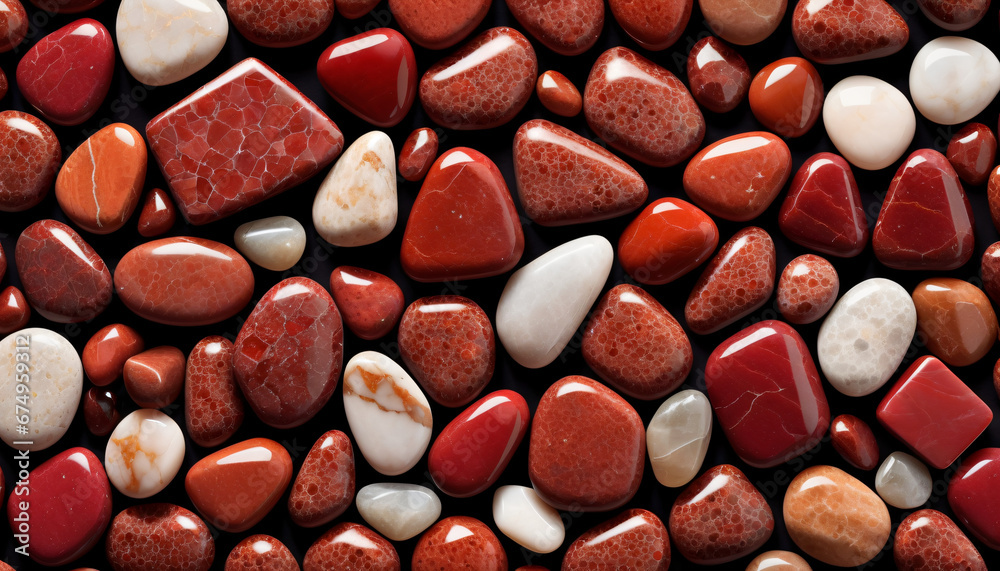Assorted red polished gemstones collection, showcasing various shapes and shades in a close-up view Assorted red polished gemstones collection, showcasing various shapes and shades in a close-up view