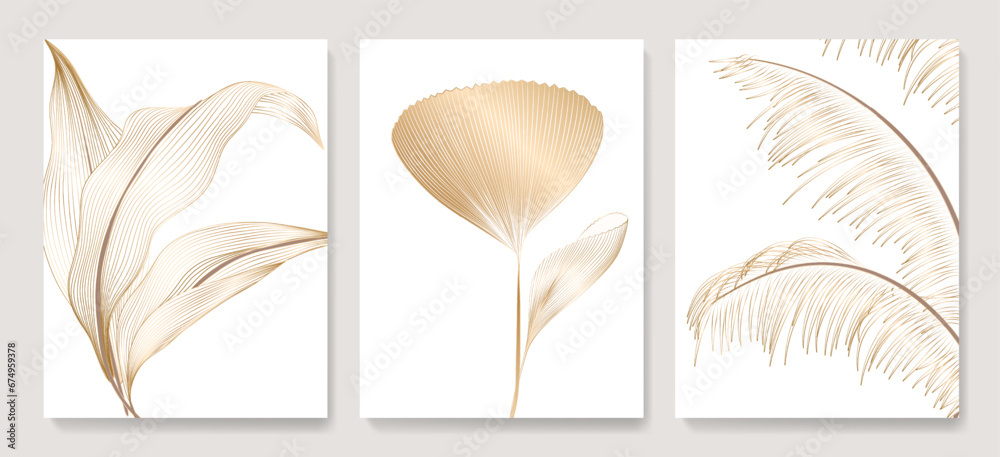 Fototapeta premium Luxury abstract tropical art background hand drawn in golden line style. Botanical banner with exotic palm leaves for wallpaper, print, poster, packaging, decor, interior design.