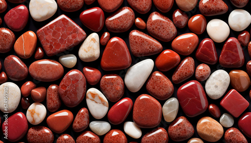 Assorted red polished gemstones collection, showcasing various shapes and shades in a close-up view