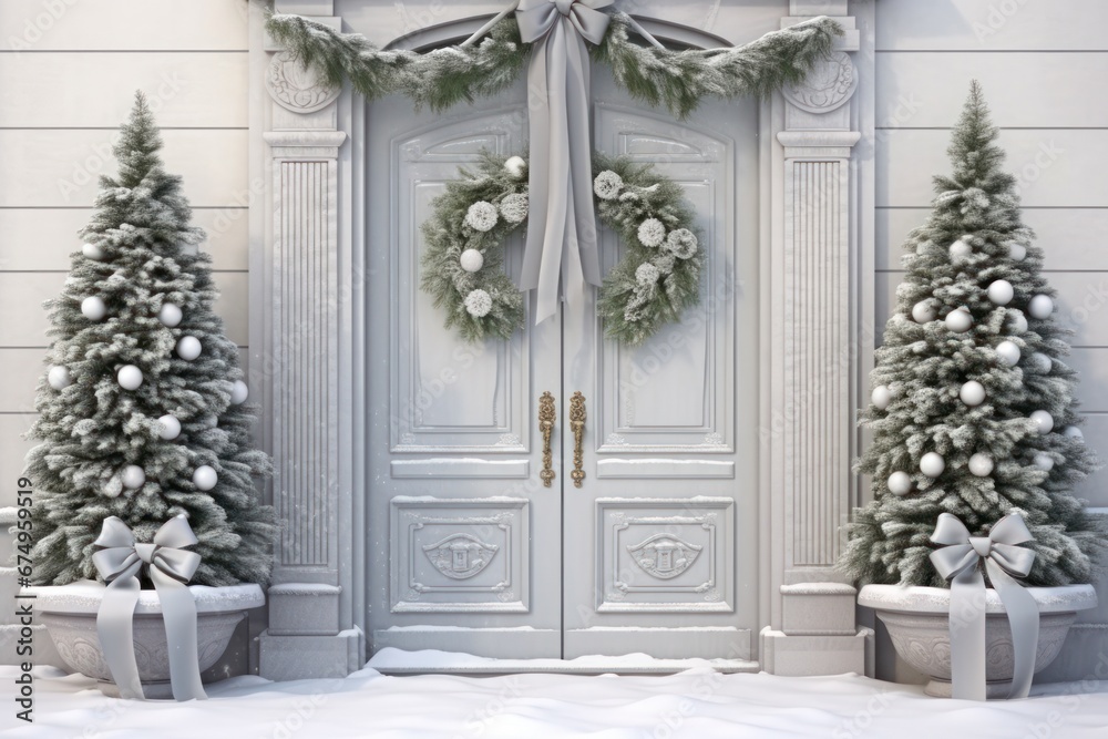 Fototapeta premium Holiday Elegance with Decorated Christmas Door in Isolation.