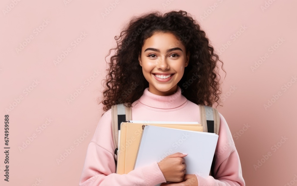 Portrait of a smiling cheery girl student with backpack holding books and looking at camera Portrait of a smiling cheery girl student with backpack holding books and looking at camera