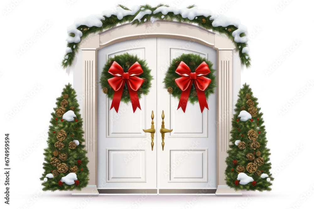 Fototapeta premium Holiday Elegance with Decorated Christmas Door in Isolation.