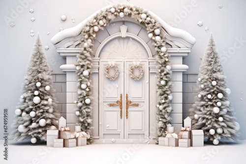 Holiday Elegance with Decorated Christmas Door in Isolation. © aboutmomentsimages
