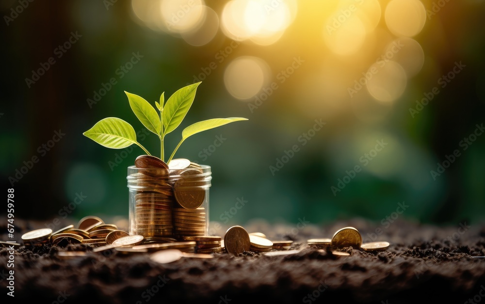 Plant Growing In Savings Coins - Investment And Interest Concept - obrazy, fototapety, plakaty 