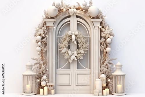 Elegant and luxurious Christmas door decoration isolated on white background with copy space