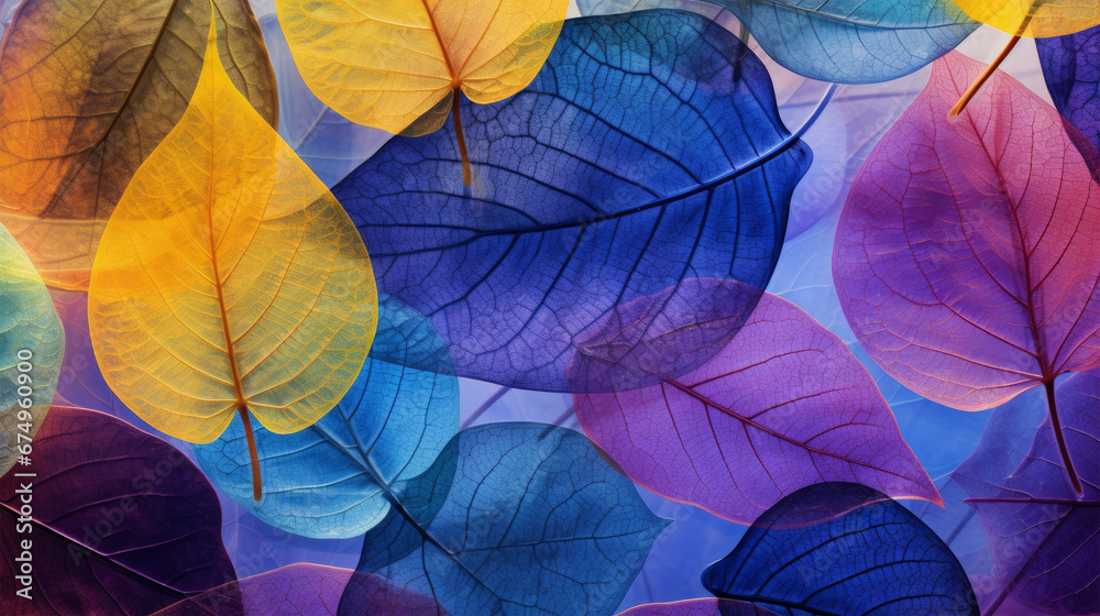 Leaves with streaks or structure of purple, blue and yellow colors as texture background