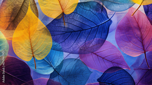 Leaves with streaks or structure of purple, blue and yellow colors as texture background