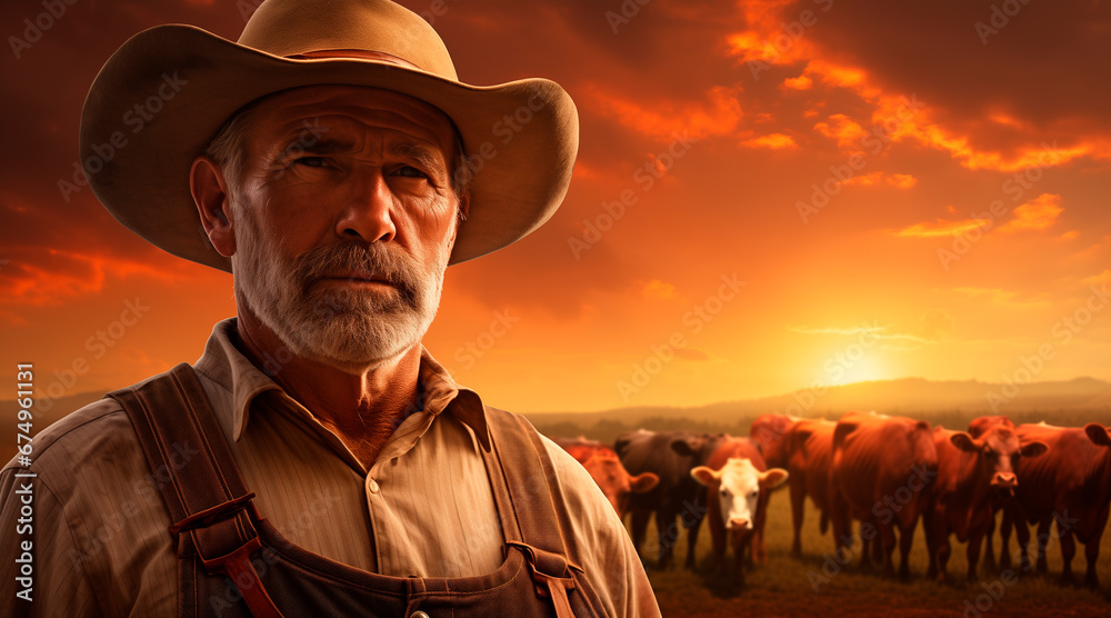 a farmer man in a field, cows background