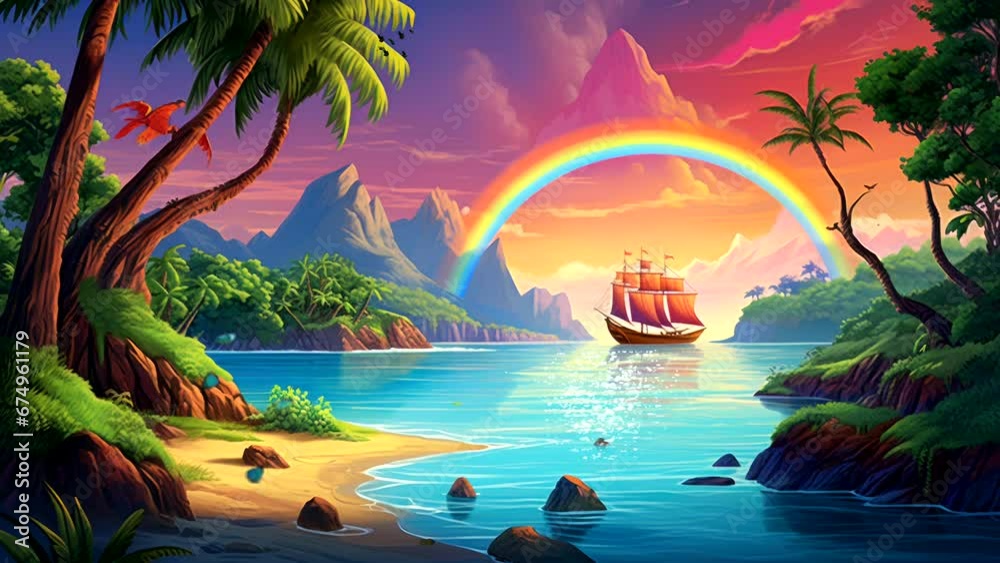 sailboat on the beach with sunset in island paradise in rainbow video background looping for live wallpaper Seamless looping 4K virtual video animation background