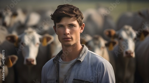Young farmer wearing old dirty shirt, standing outdoors on a farmland in countryside with the herd of cattle behind him, blurred in the background