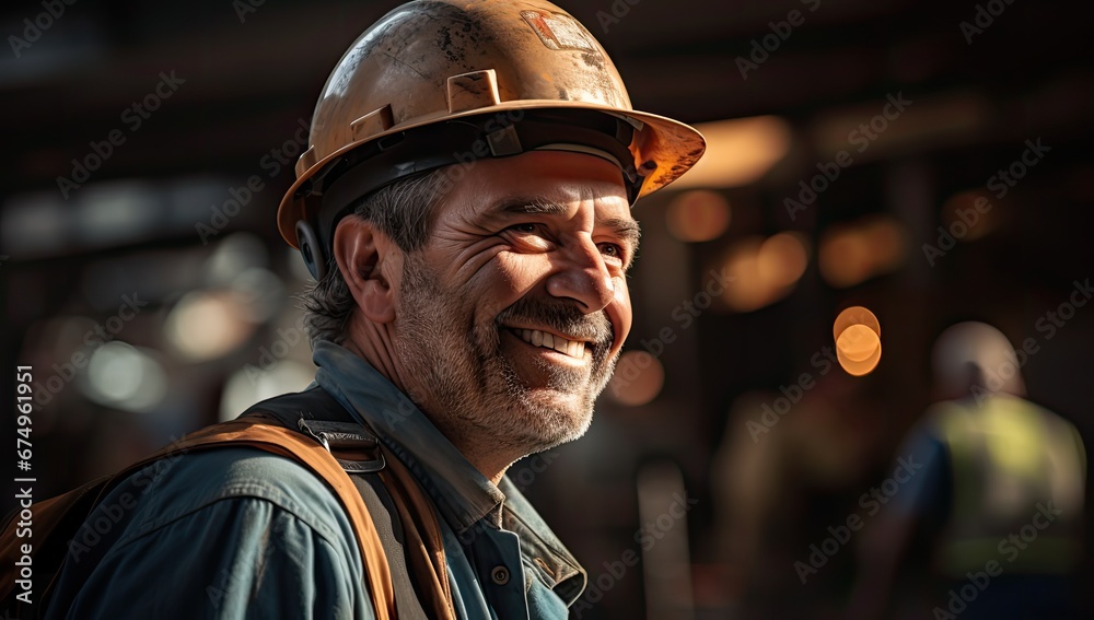 Uśmiechnięty i zadowolony z pracy pracownik budowlany w kasku ochronnym na budowie.  - obrazy, fototapety, plakaty 