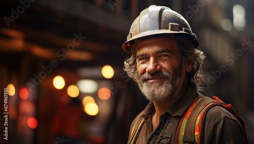 Uśmiechnięty i zadowolony z pracy pracownik budowlany w kasku ochronnym na budowie. 