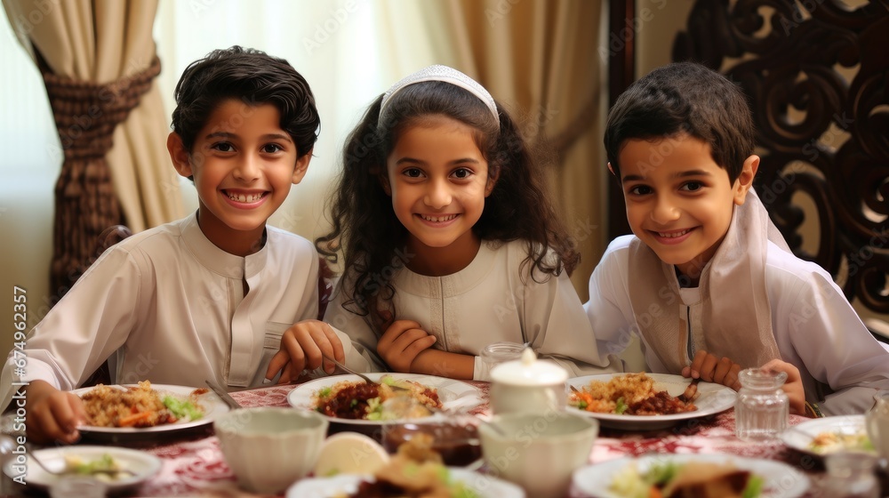 Happy group of muslim arab children celebrating ramadan. looking to a camera
