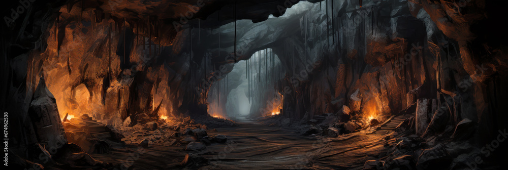 Old abandoned mine tunnel, entrance to catacomb in mountain, panoramic view. Dark underground passage like subterranean cave. Concept of industry, coal, coalmine, ore, rock, geology - obrazy, fototapety, plakaty 