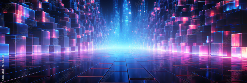 Abstract technology background, wide banner of futuristic digital space with data and neon light. Perspective of cyberspace or virtual reality. Concept of tech, future, network, metaverse Abstract technology background, wide banner of futuristic digital space with data and neon light. Perspective of cyberspace or virtual reality. Concept of tech, future, network, metaverse