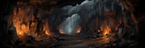 Old abandoned mine tunnel, entrance to catacomb in mountain, panoramic view. Dark underground passage like subterranean cave. Concept of industry, coal, coalmine, ore, rock, geology