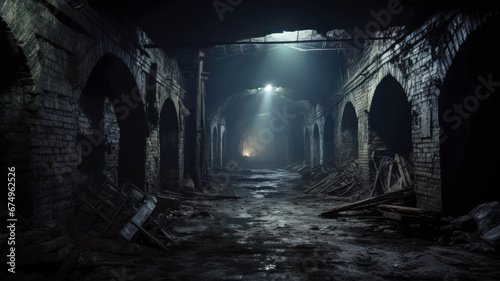 Dark spooky underground tunnel, old abandoned industrial dungeon with low lights. Perspective view of scary dirty passage, vintage stone cellar. Concept of grunge, horror, building
