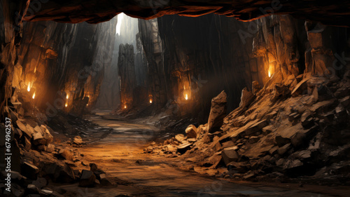 Old mine tunnel with road and lights, abandoned underground passage. Entrance to catacomb in mountain, inside subterranean cave. Concept of industry, coal, coalmine, ore, rock