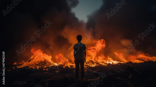 A Boy Staring at the Remains of a Burning Building