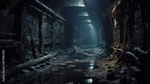 Dark scary underground tunnel, old abandoned industrial corridor or sewer. Perspective view of spooky dirty passage, vintage cellar with water. Concept of grunge, horror, vault, dig