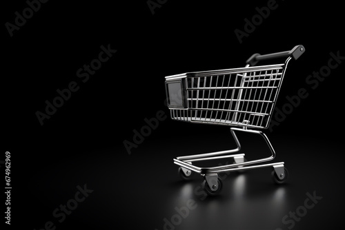 Metal trolley on wheels from a supermarket on a black background.