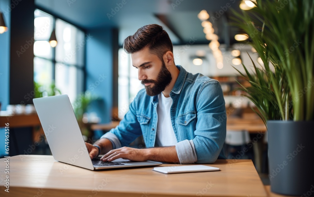 Skilled student typing a studying plan in laptop sitting in coworking space Skilled student typing a studying plan in laptop sitting in coworking space