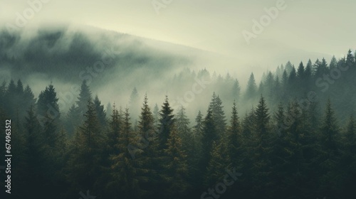 Misty landscape with fir forest in vintage retro style. photography