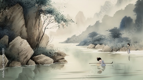 Chinese depicting ancient landscape paintings wallpaper image AI generated art photo