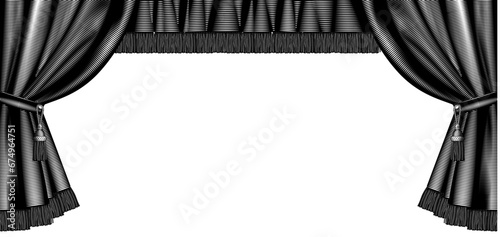 Classic horizontal curtain frame with tassel and fringe, isolated on white. Vintage engraving stylized drawing. Vector illustration