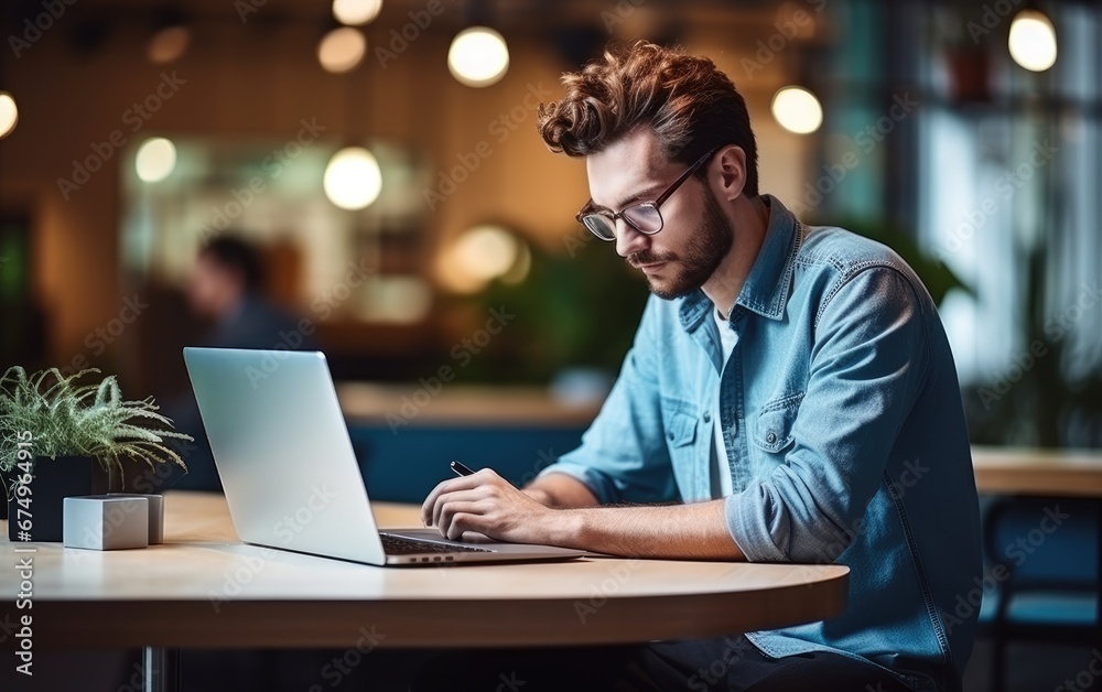 Skilled student typing a studying plan in laptop sitting in coworking space Skilled student typing a studying plan in laptop sitting in coworking space