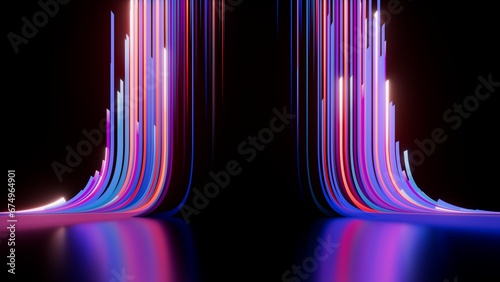 3d render. Abstract background of blue pink neon stripes and ribbons ascending. Modern wallpaper