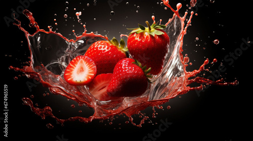 Fototapeta Naklejka Na Ścianę i Meble -  A few of red strawberries fruits food falling in water splash isolated on black background 