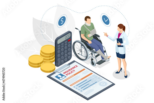 Isometric Health insurance concept. Medical insurance, healthcare medical, life, car, home, travel insurance