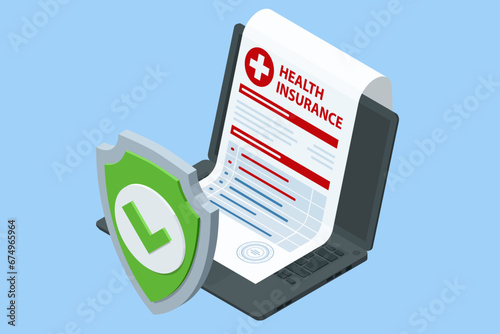 Isometric Health insurance concept. Medical insurance, healthcare medical, life, car, home, travel insurance