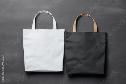Black and White Tote Bags on Gray Concrete Background