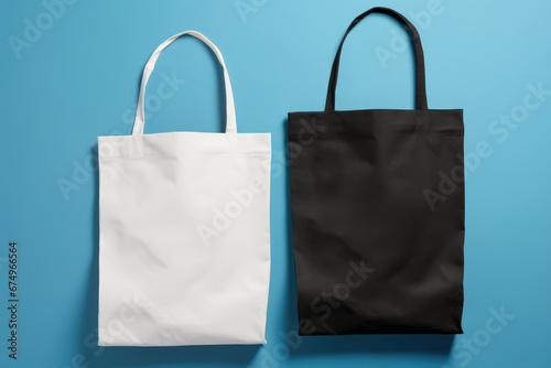 Two tote bags mockup on a blue background