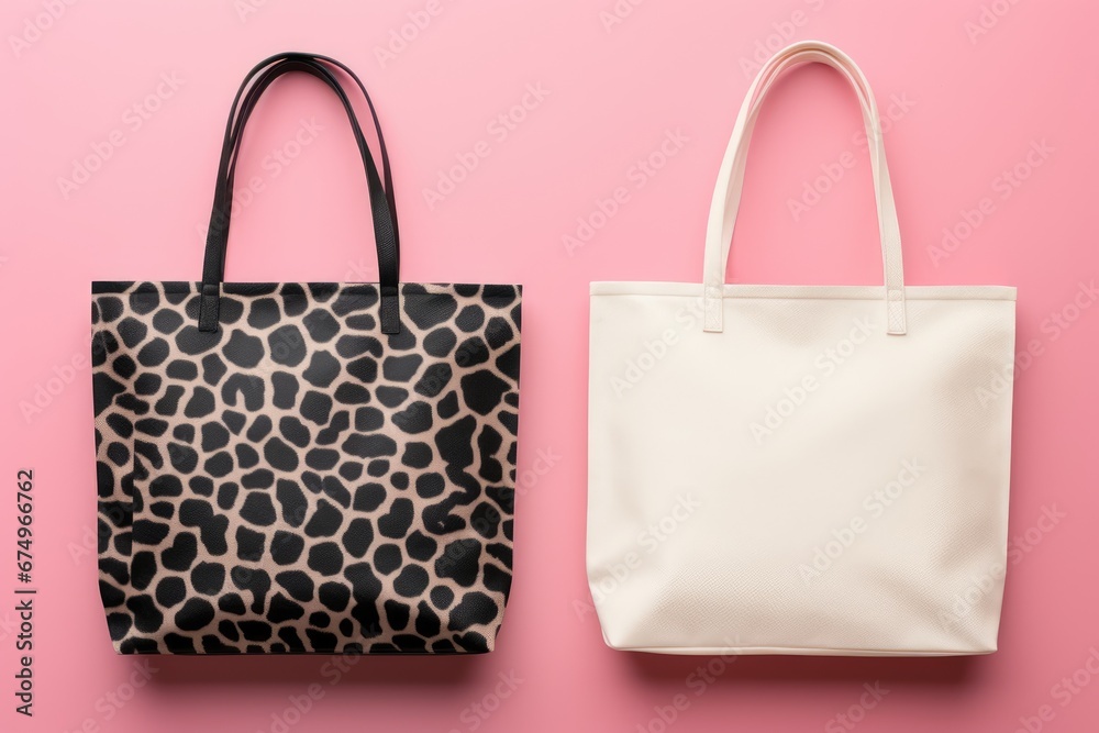 Black and White Tote Bags on Pink Background. Shopping bag with giraffe design Black and White Tote Bags on Pink Background. Shopping bag with giraffe design
