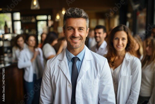 A doctor in a white medical uniform, a successful, intelligent, seasoned, positive one with a smile on his face, conducts an appointment, an experienced doctor in a hospital clinic