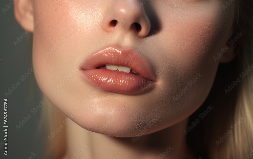 Obraz premium Close up lips photography. Beautiful young woman with blonde hair