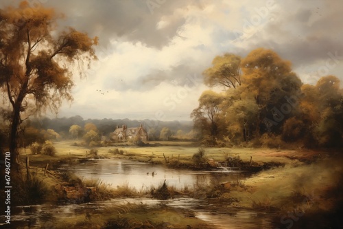 Oil Painting Landscape River Countryside Trees Mountains Fields Hills Clouds Artwork That Would Hang in Stately Home Post Impressionist Soft Brushstrokes Stunning Vista Style Illustration Classic