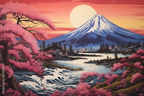 Japanese Landscape Painting Pink Trees or Sky Sunset Sunrise With Mountain, Rocks, water Katsushika Hokusai From 15th, 16th, 17th, 18th Century Style Illustration Classic Artwork