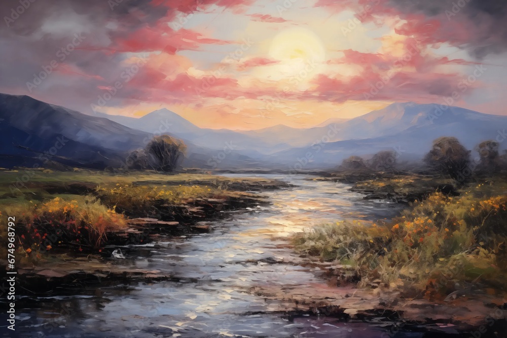 An Oil Painting Style Illustration of a Classic Landscape Artwork That Would Hang in a Stately Home in a Post Impressionist Style With Soft Brushstrokes Featuring a Stunning Vista