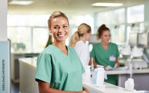 A female nurse wearing green scrubs smiling at a patient behind a counter in a bright medical laboratory